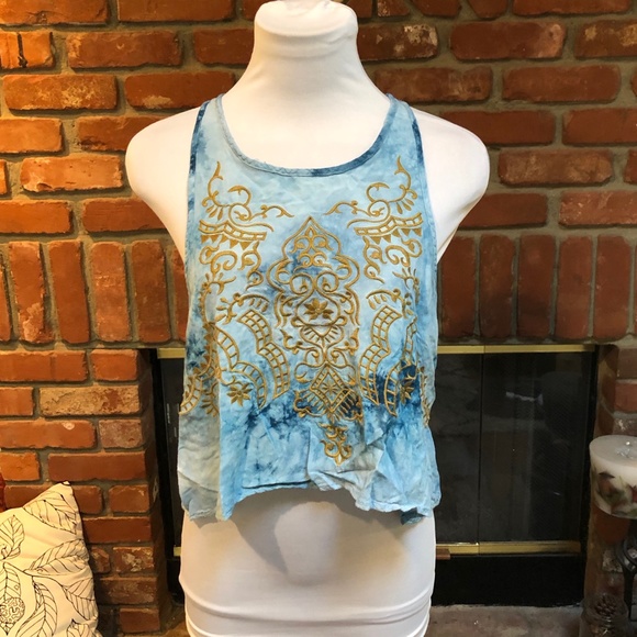 Tied Dye Embroidered Cropped BoHo Hipped Tank Top - Picture 2 of 8